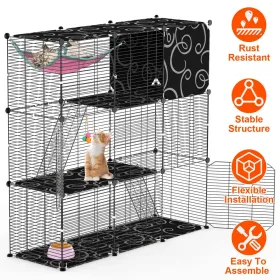 3-Tier Cat Cage Enclosure Indoor Cat Cage Playpen With Hammock Toy Ball Ladder DIY Iron Wire Cat House Kennels Crate For 1-2 Cats Ferret Rabbit S (Option: Black)