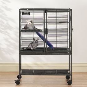 34' Metal Small Animal Cage 2-Tier Rolling Ferret Cage With Tray A Ramp (Option: Black)