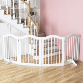 27.6 Height Tall Freestanding Pet Gate, 4 Panels Foldable Dog Gate, Solid Wood Folding Safety Fence Wooden Dog Gate With 2 Pcs Support Feet Ideal (Option: White)